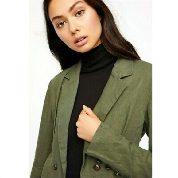 Free People Cinched Waist Linen Blend Blazer Olive Green - Picture 2 of 11